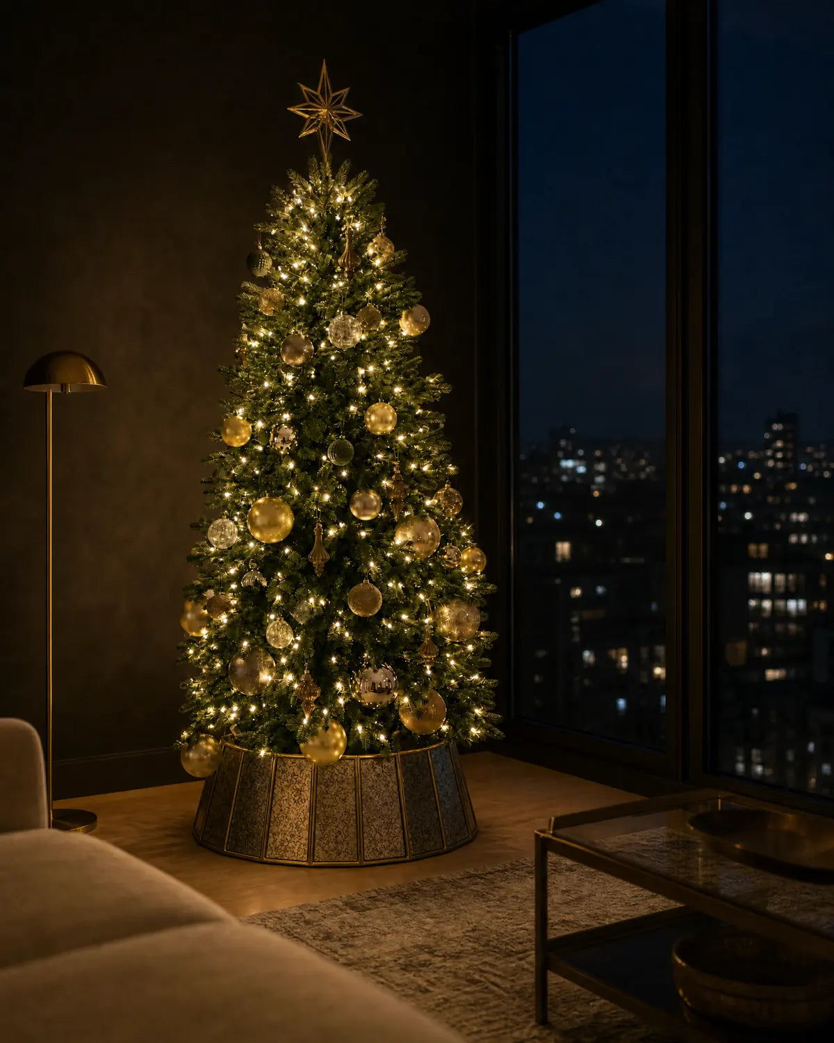 The Salon tree standing beside a night window, its champagne ornaments and mirrored collar catching the light.