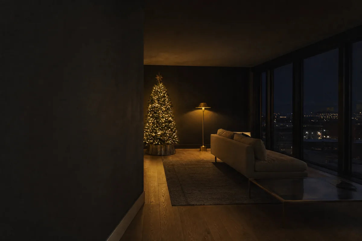 The view into a dark living room from the doorway, a wall edge closing off the left of the frame. The lit tree stands small against the far wall, a floor lamp glows beyond it, and a low sofa runs along night windows at the right.