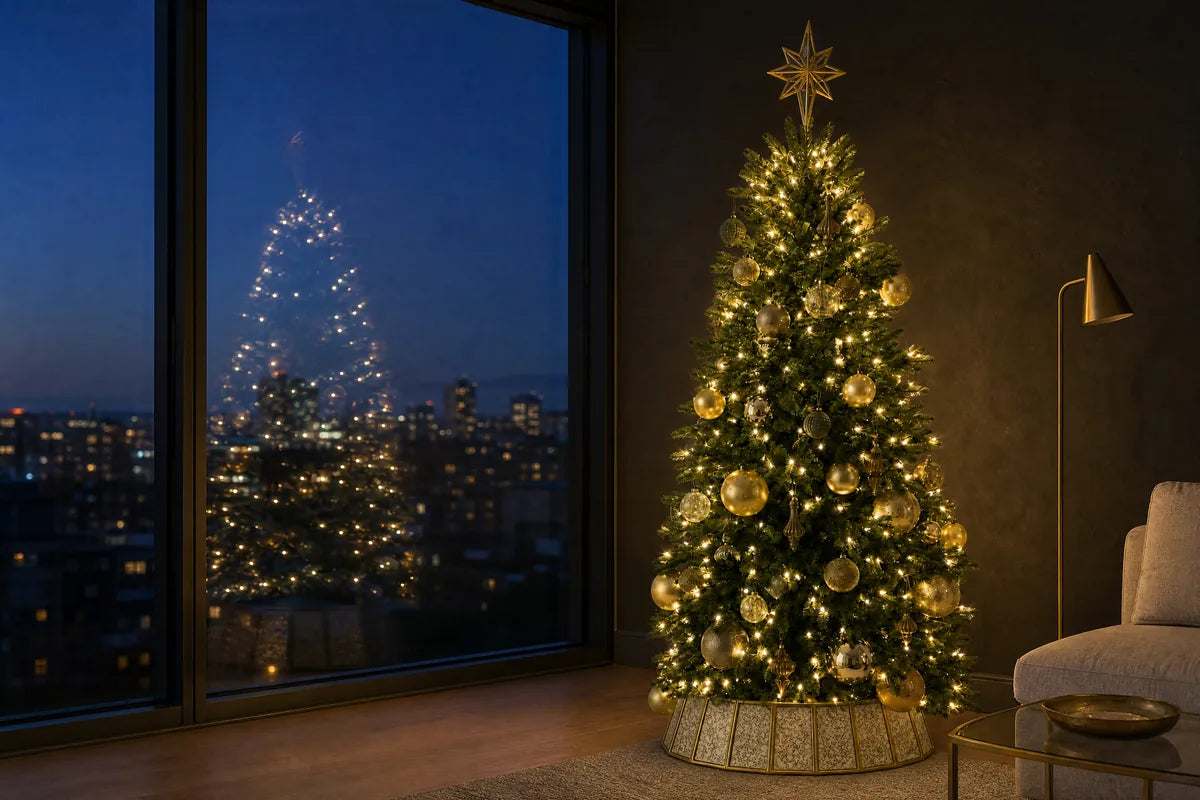A lit tree beside floor-to-ceiling glass at dusk, its champagne and mercury glass ornaments and gold star warm against a deep blue sky. The city is lit below, and the tree appears again, fainter, in the reflection.