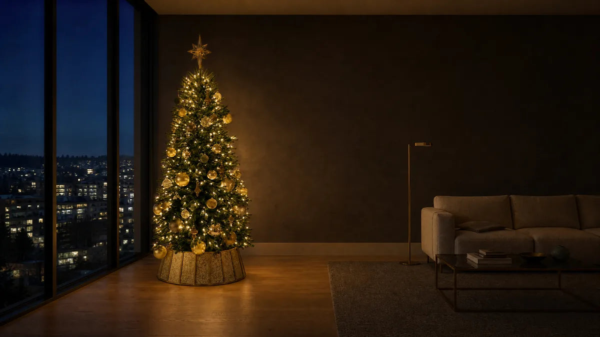 A living room at night. A lit tree stands at the left, city lights in the windows behind it, the rest of the room dark.