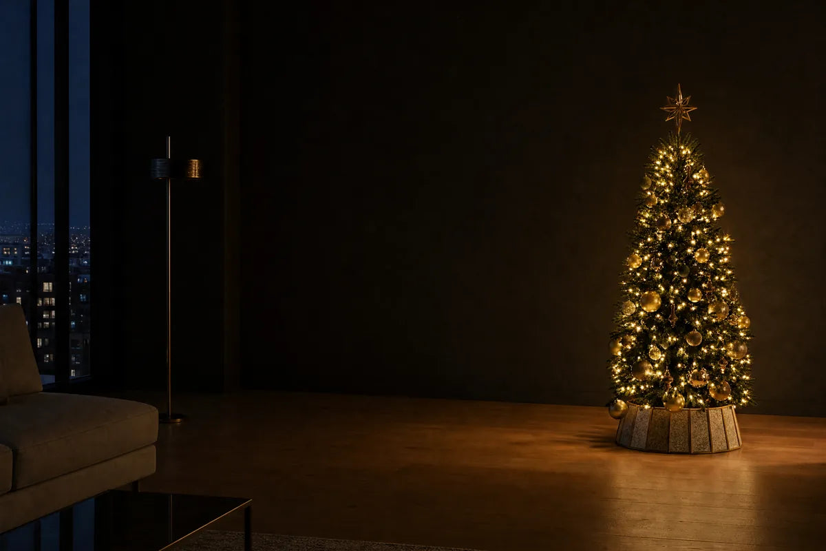A room after dark, most of it unbroken shadow. The lit tree stands small in the right third, its champagne ornaments and star warm, throwing a pool of light onto the wood floor. Night windows and the arm of a sofa sit at the left.