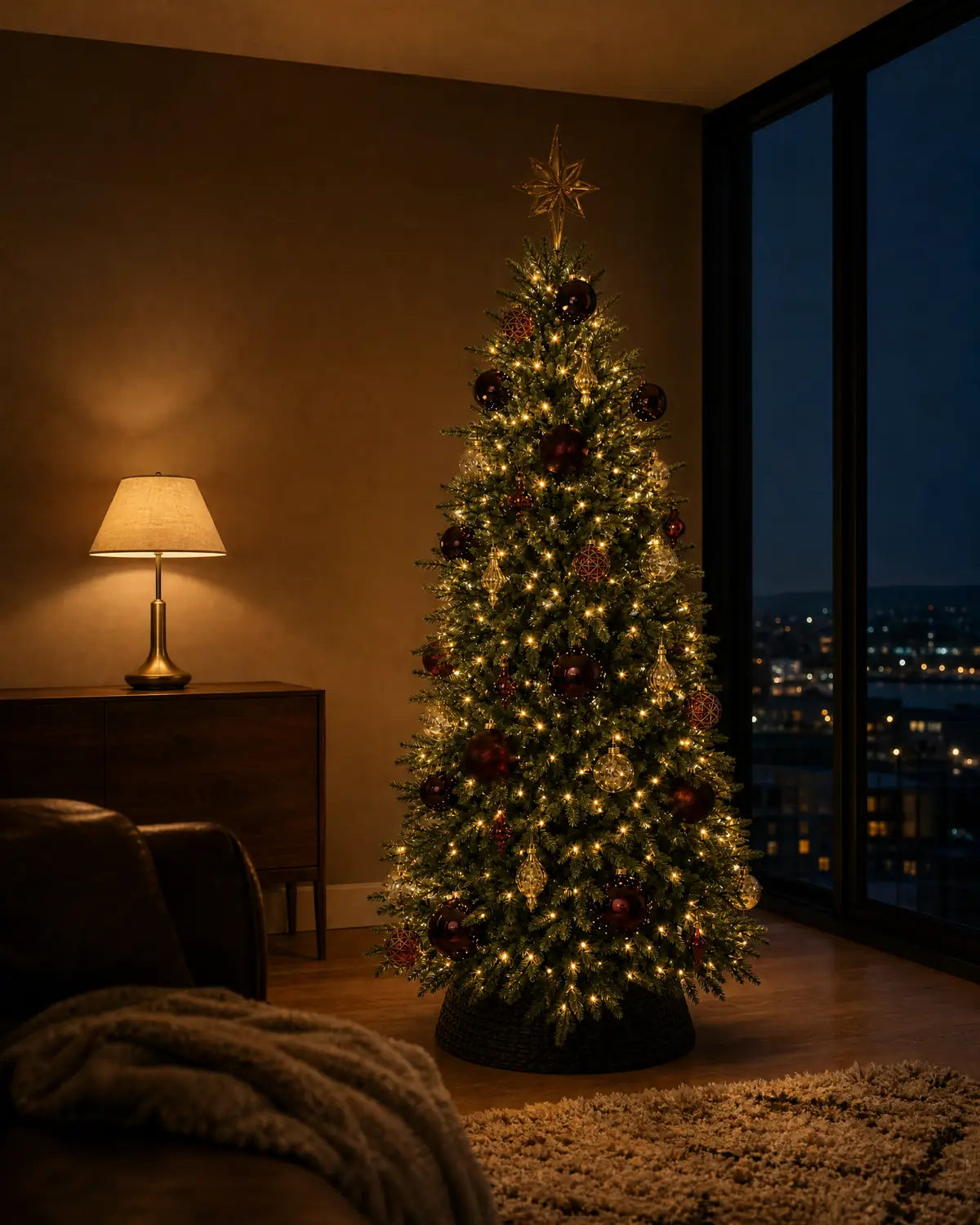 The Heritage tree standing in a dark room beside a lit lamp, its burgundy and gold ornaments picked out by the warm light.