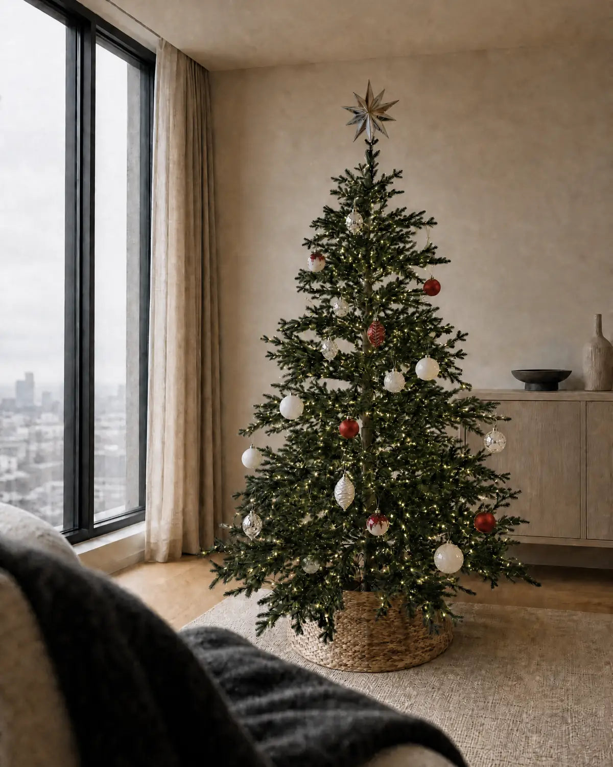 The Nordic tree standing at a tall window in flat grey daylight, white, frosted and a few red ornaments on its branches and a woven collar at its foot.