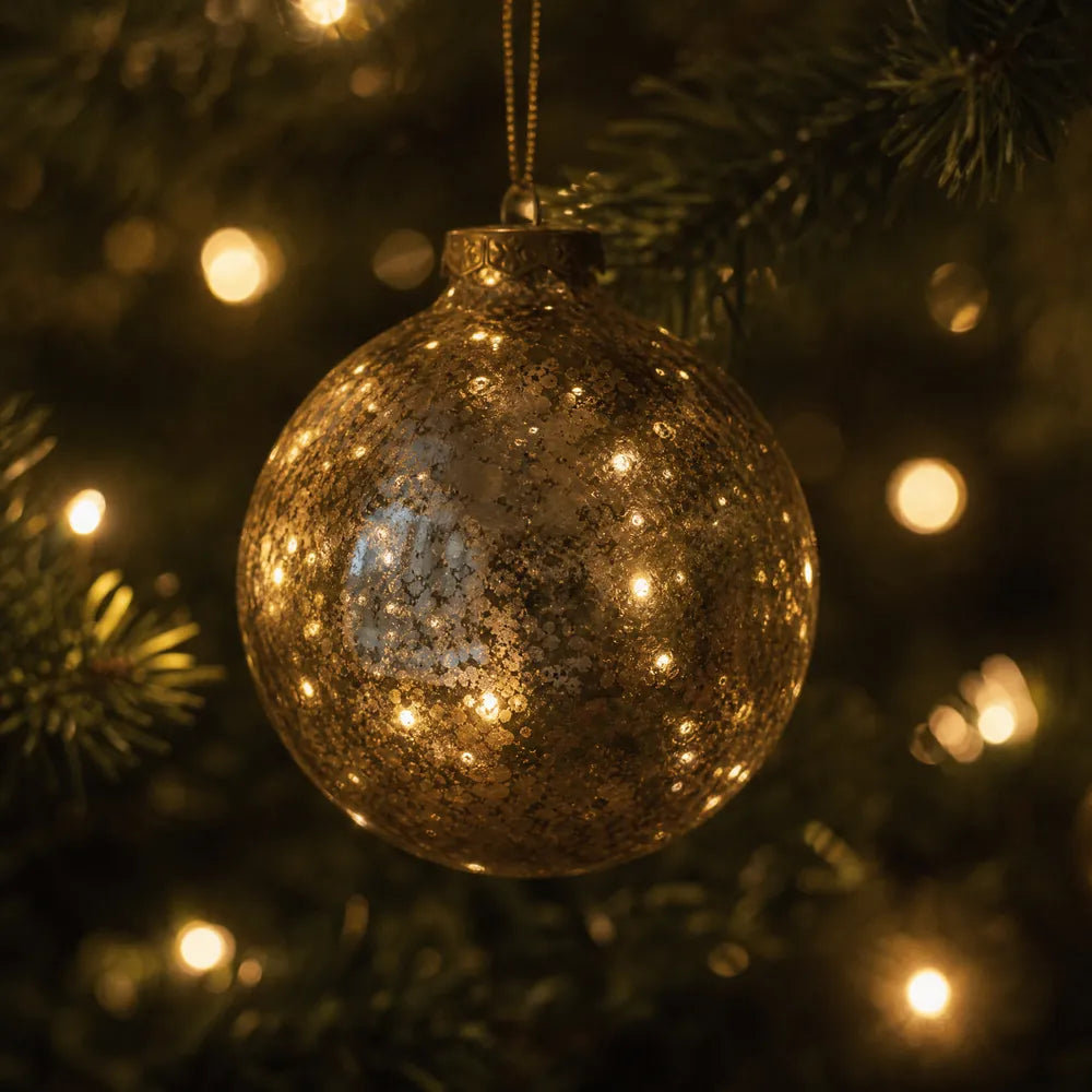 A mercury glass ornament hanging close up, the tree lights scattered across its speckled surface.